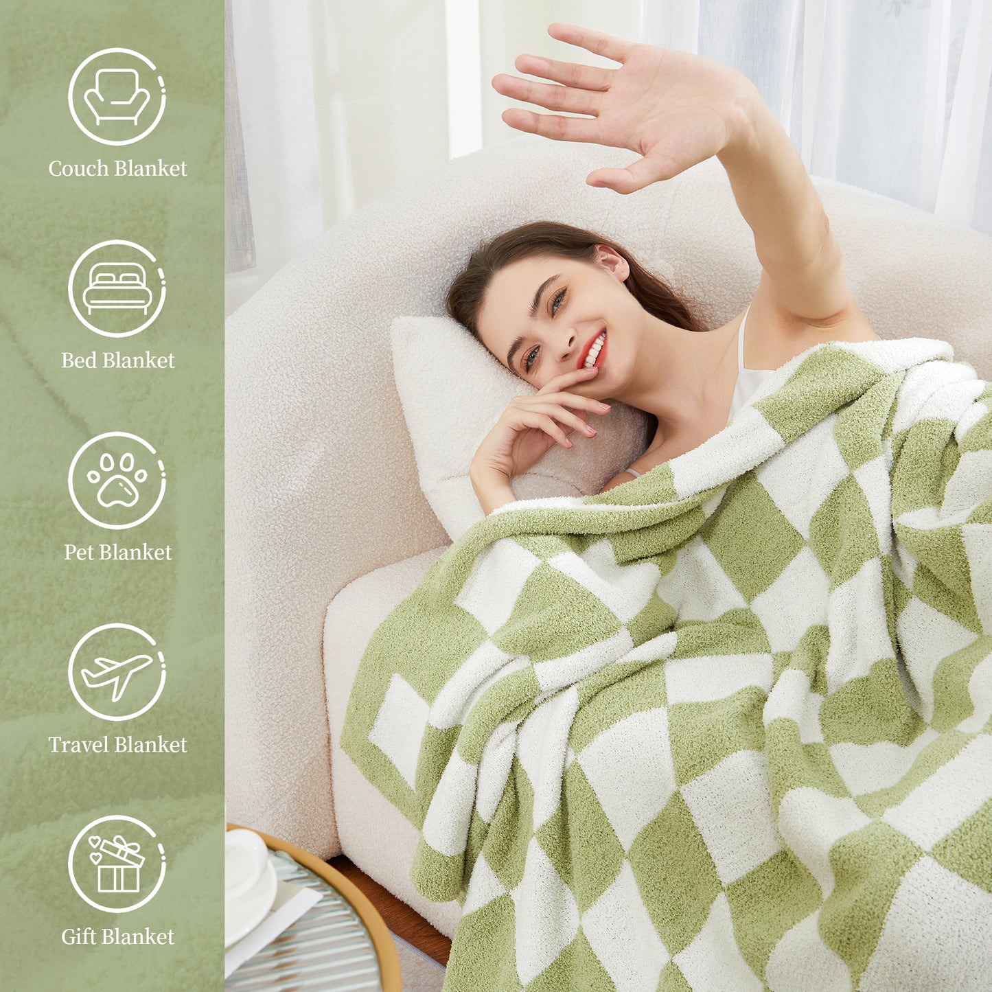 SeaRoomy Throw Blanket Checkerboard Fuzzy Blanket Reversible Plush Plaid Throw Blankets Warm Cozy Microfiber Knit Fluffy Checkered Blanket Decor Gift